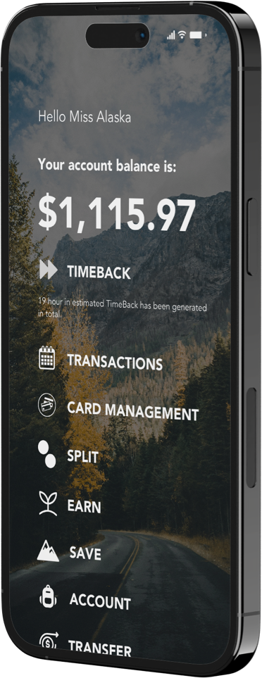 The homescreen for the Bliss app showing an account balance of $1,115 and a list of actions the user can take