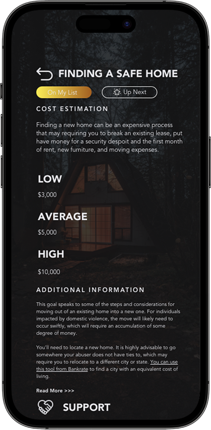 The homescreen for the Bliss app showing an goal of finding a safe home with step-by-step guidance and pricing on how to do so